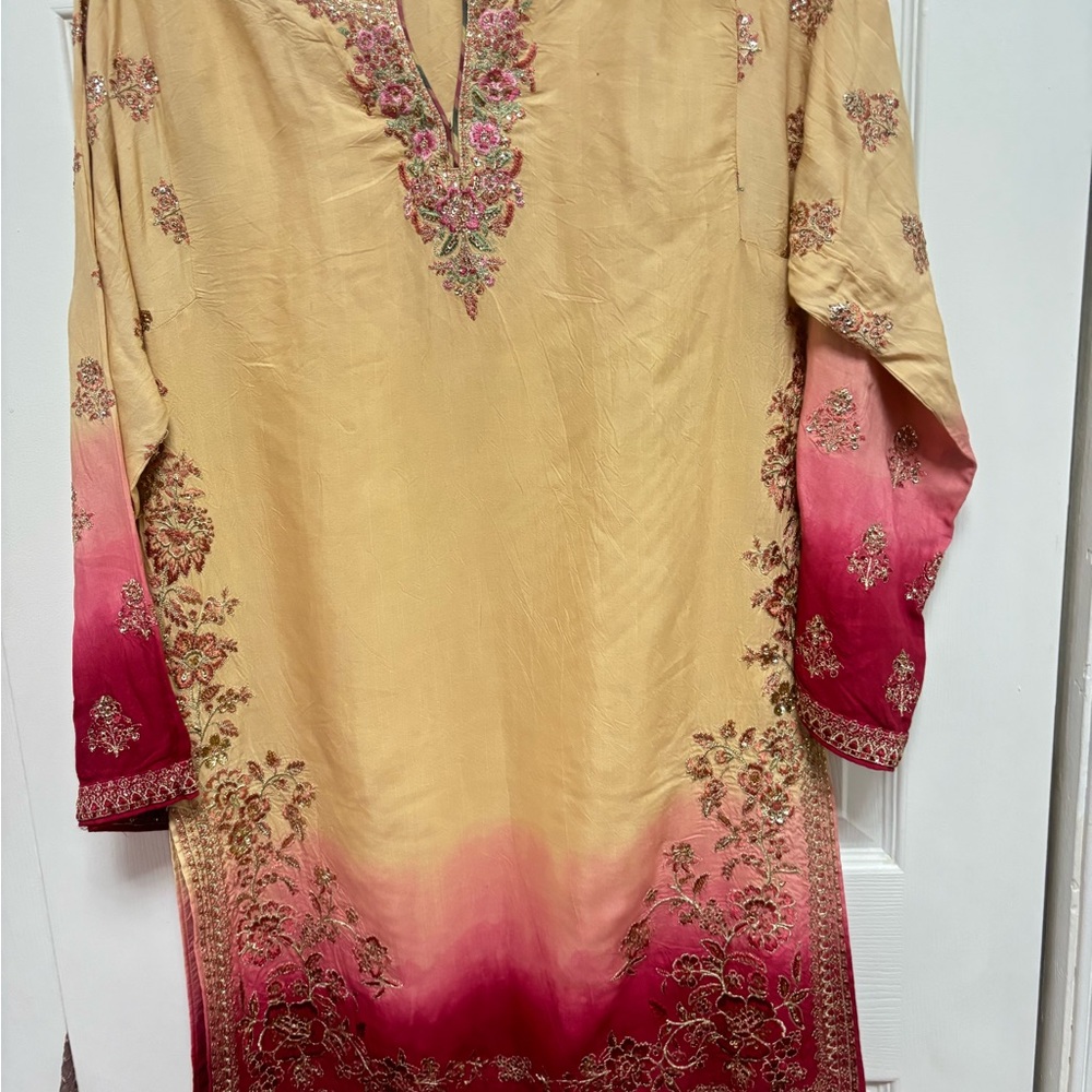 Classic Embroidered Men’s Kurta Shirt in Beige and Pink
